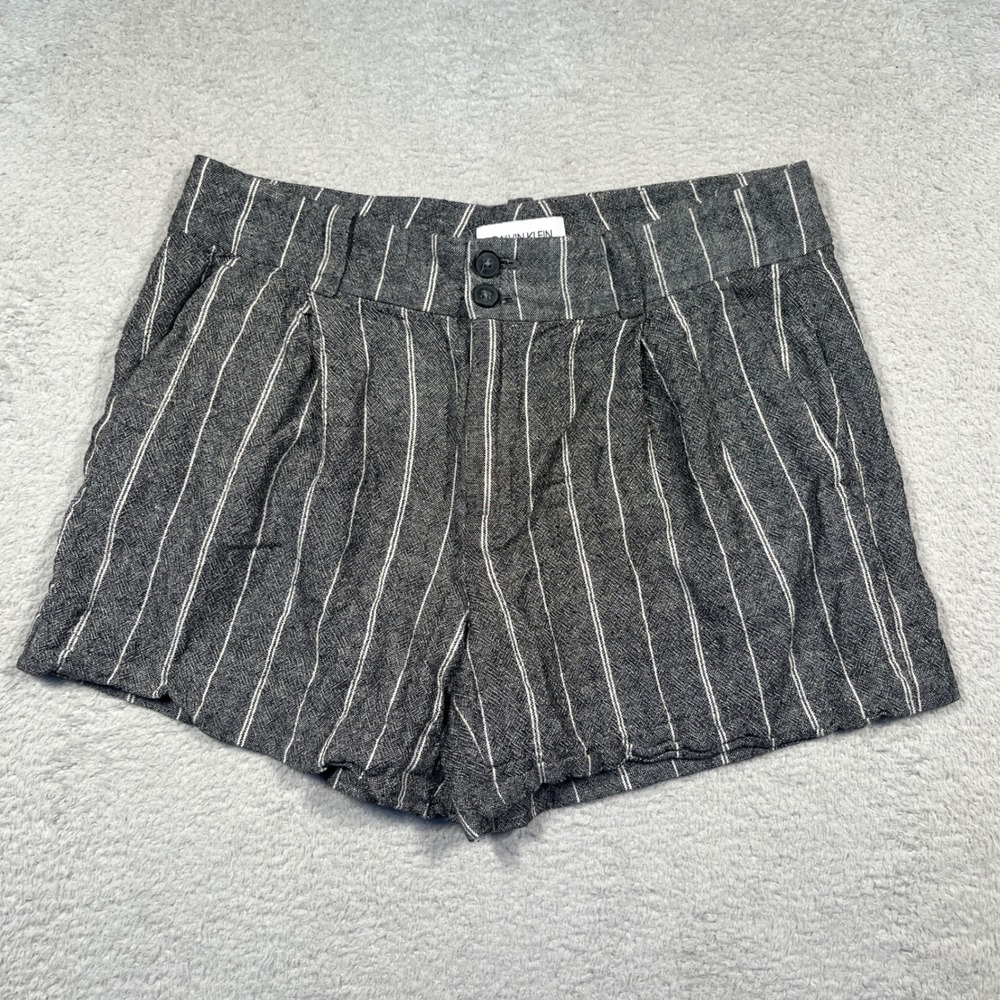 Calvin Klein Striped High Waist‎ Linen Cotton Blend Shorts Pleated Front Y2K 4